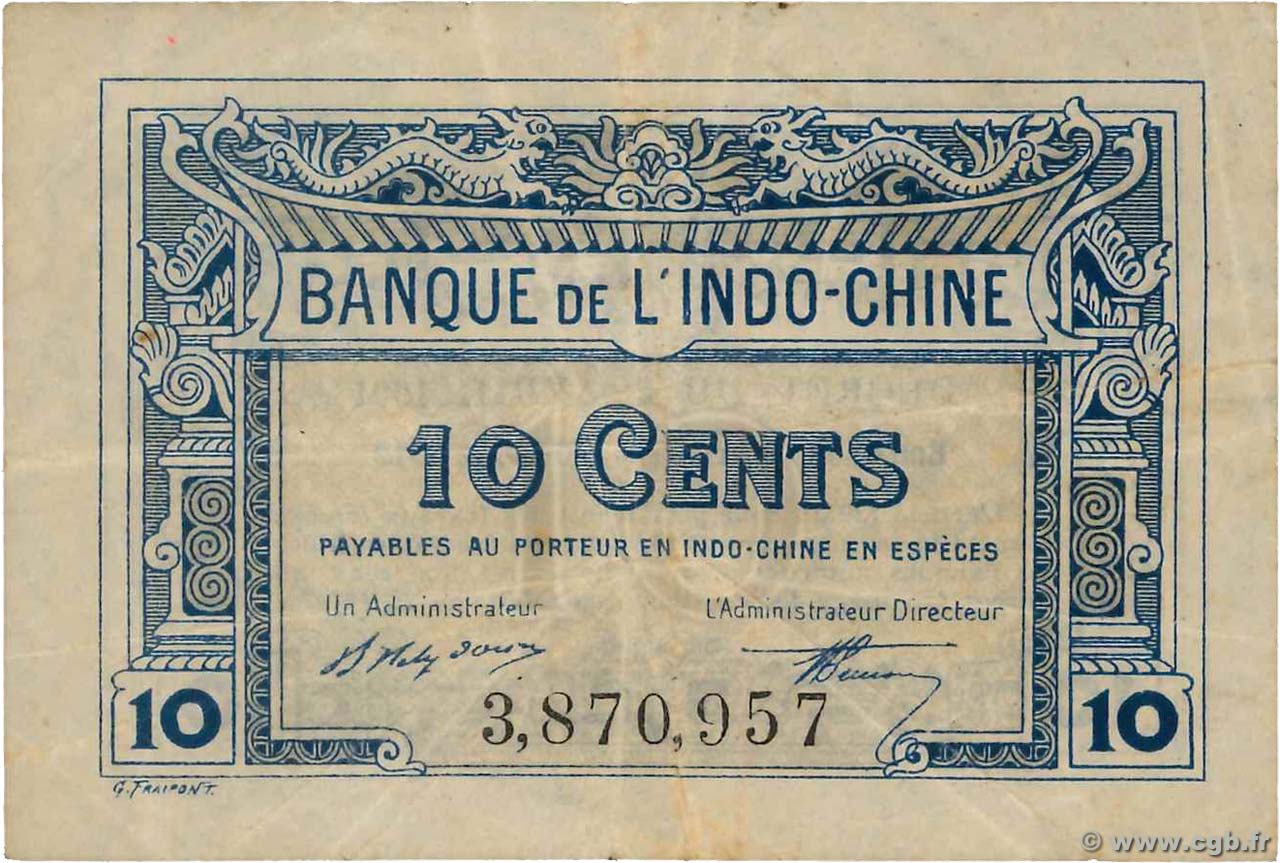 10 Cents INDOCHINA  1919 P.043 BC+