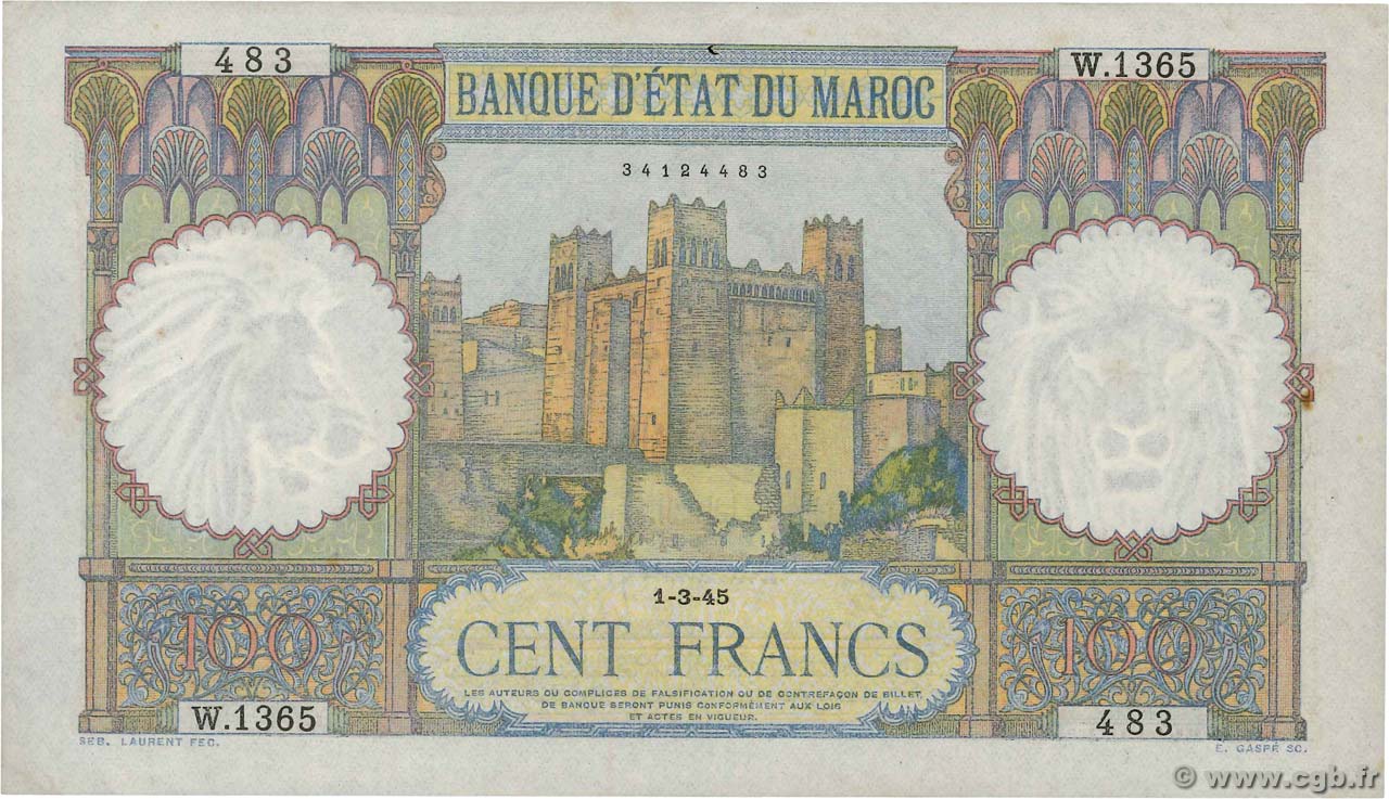 100 Francs MAROCCO  1945 P.20 BB