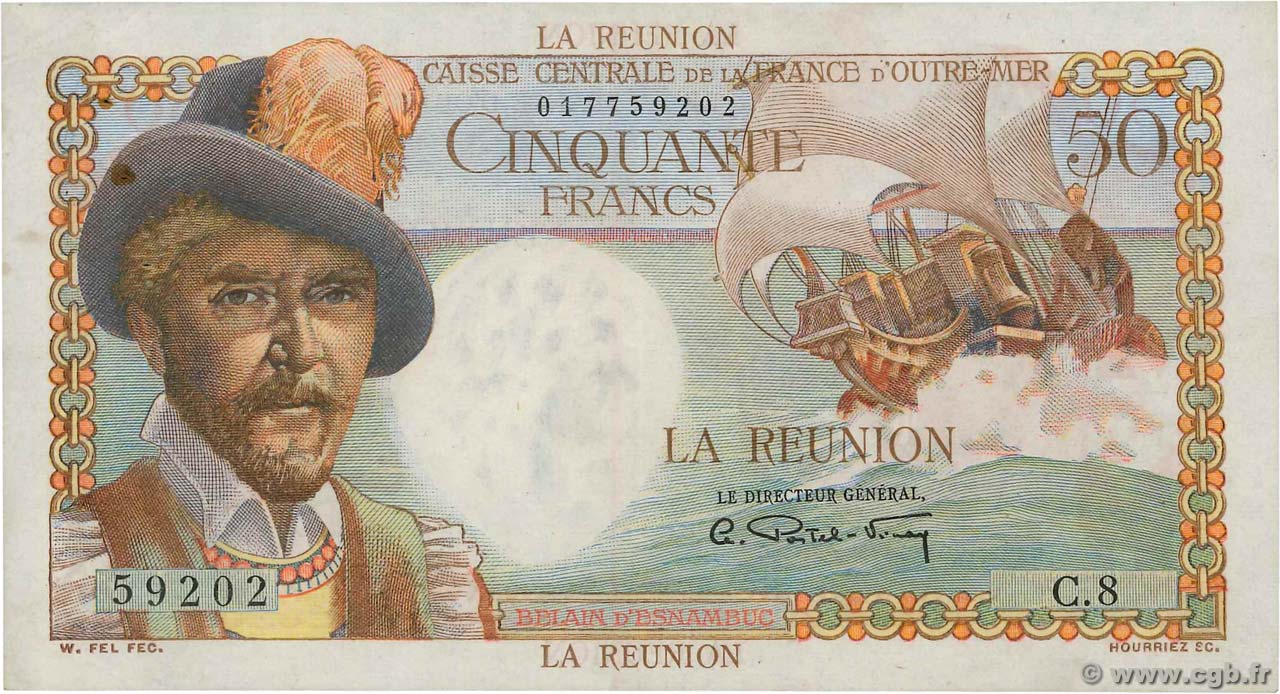 50 Francs Belain d Esnambuc REUNION ISLAND  1946 P.44a VF
