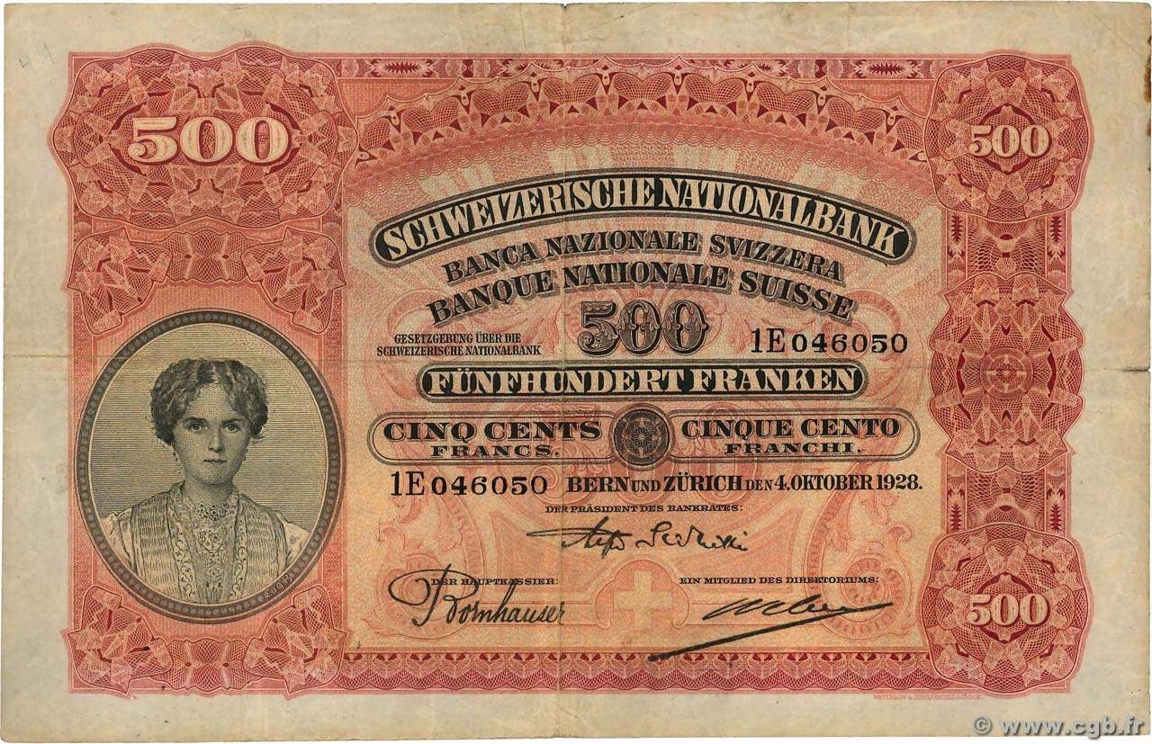 500 Francs SWITZERLAND  1928 P.36a VF-