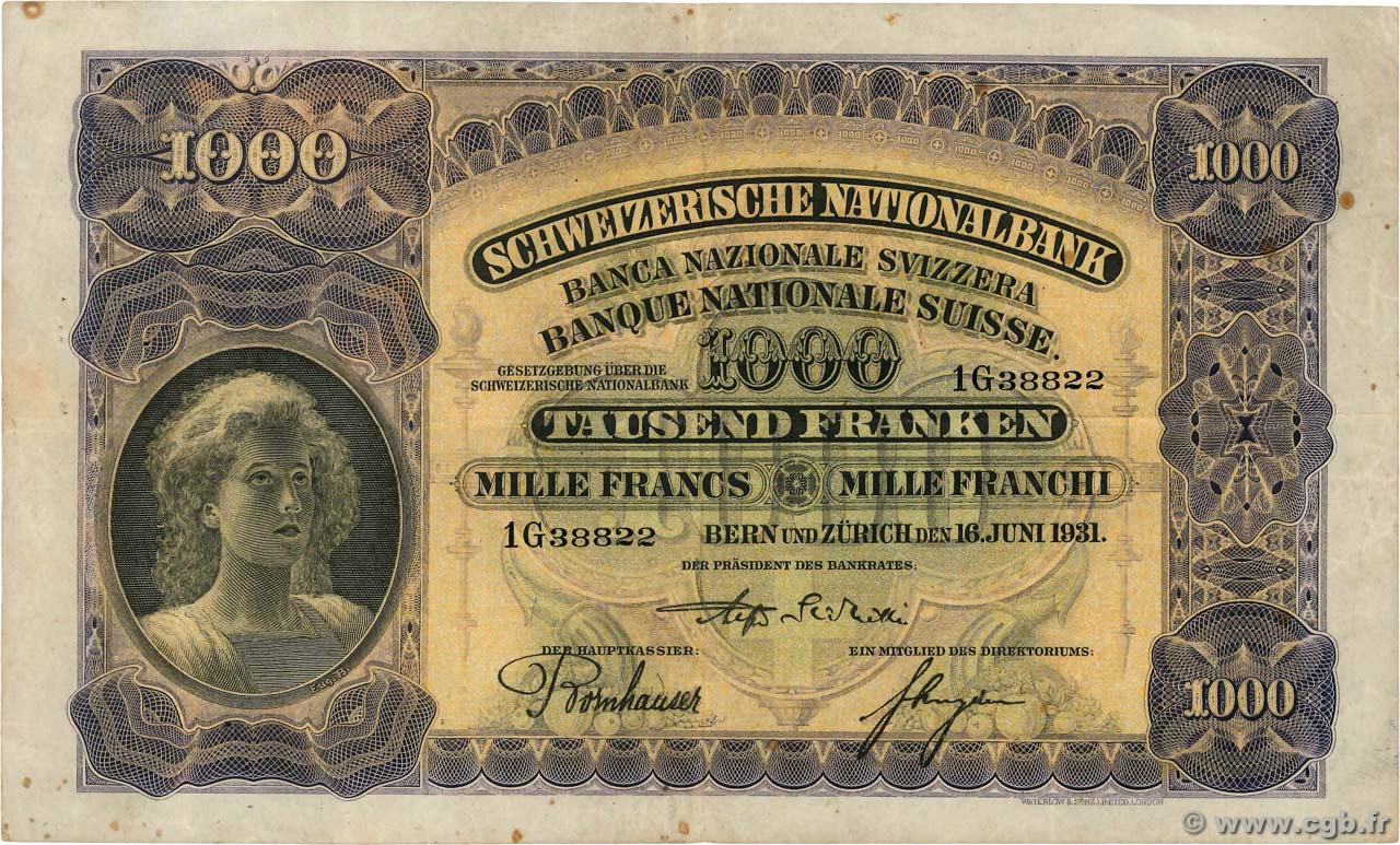 1000 Francs SWITZERLAND  1931 P.37c VF-