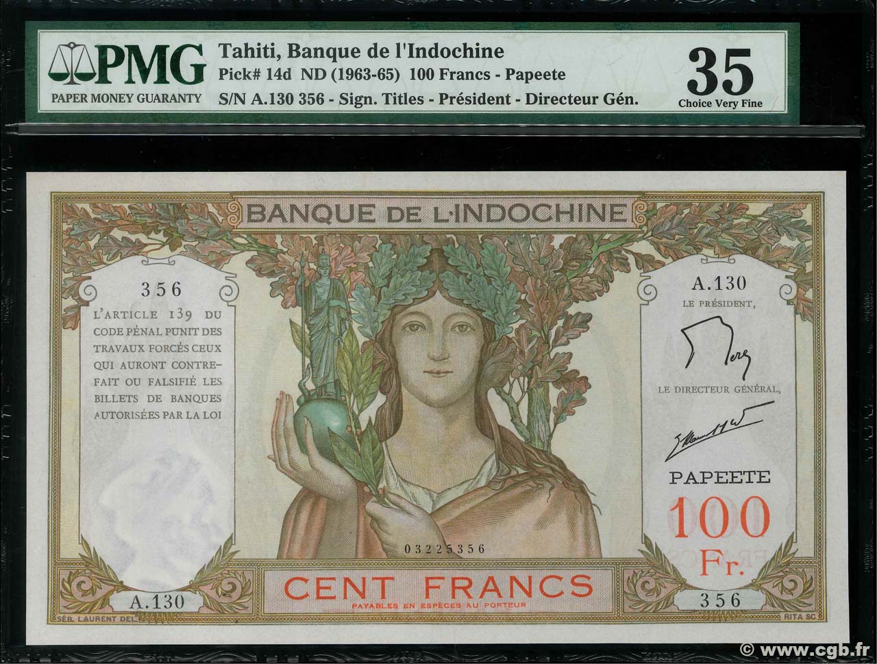 100 Francs TAHITI  1961 P.14d SS