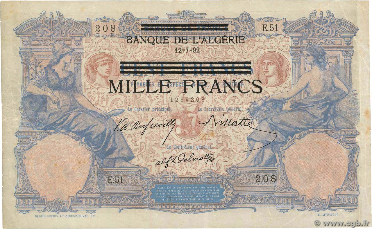 1000 Francs sur 100 Francs TUNISIA  1943 P.31 q.BB