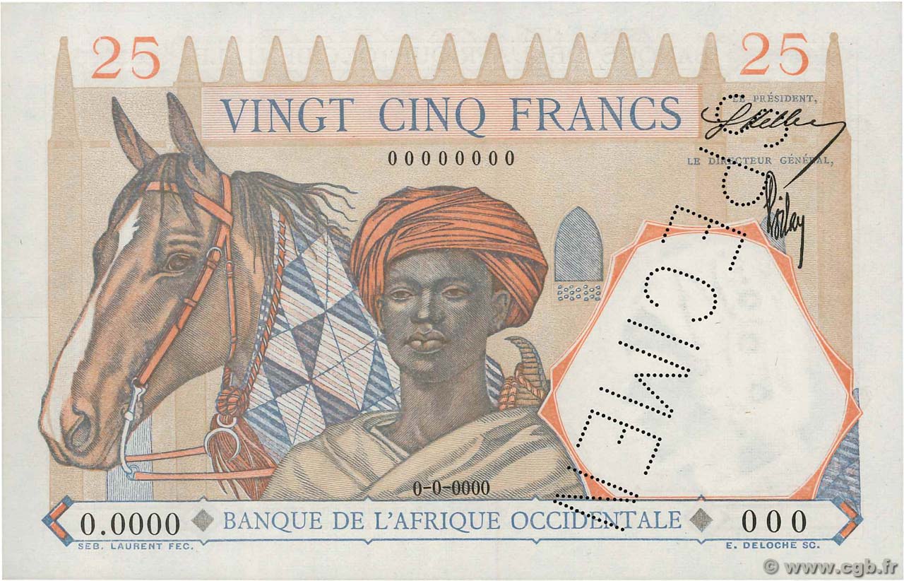 25 Francs Spécimen FRENCH WEST AFRICA  1942 P.27s AU