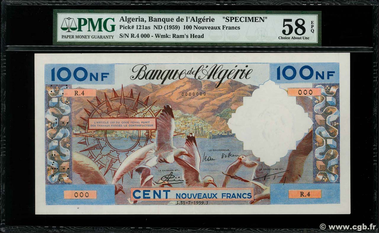 100 Nouveaux Francs Spécimen ALGERIEN  1959 P.121s fST