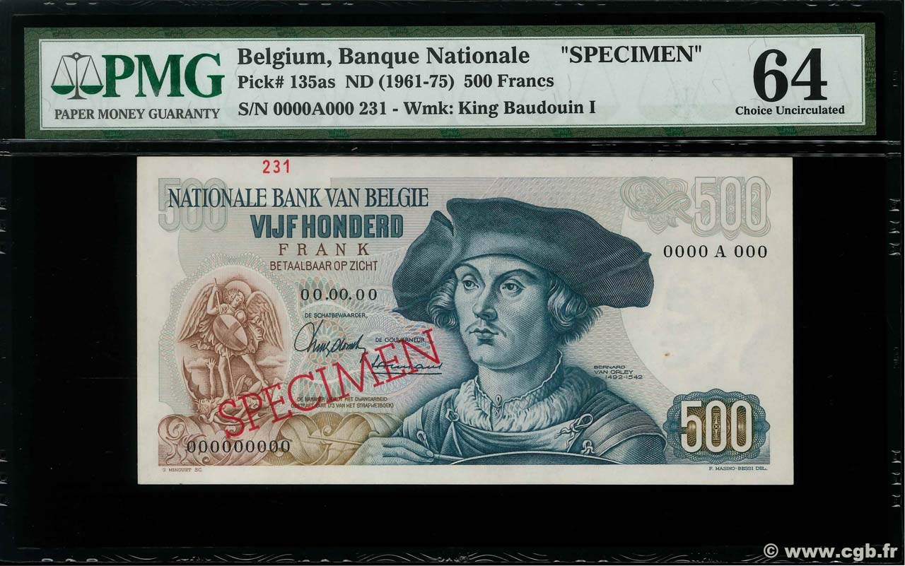 500 Francs Spécimen BELGIO  1961 P.135s q.FDC