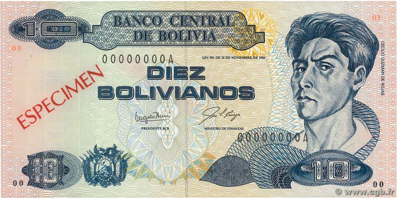10 Bolivianos Spécimen BOLIVIEN  1987 P.204s fST