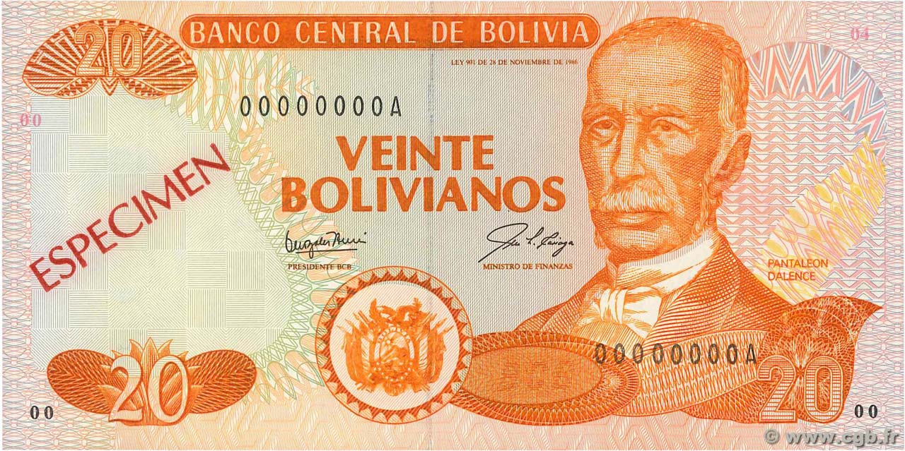 20 Bolivianos Spécimen BOLIVIEN  1987 P.205s ST