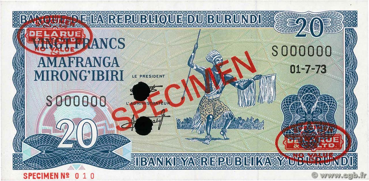 20 Francs Spécimen BURUNDI  1973 P.21s UNC