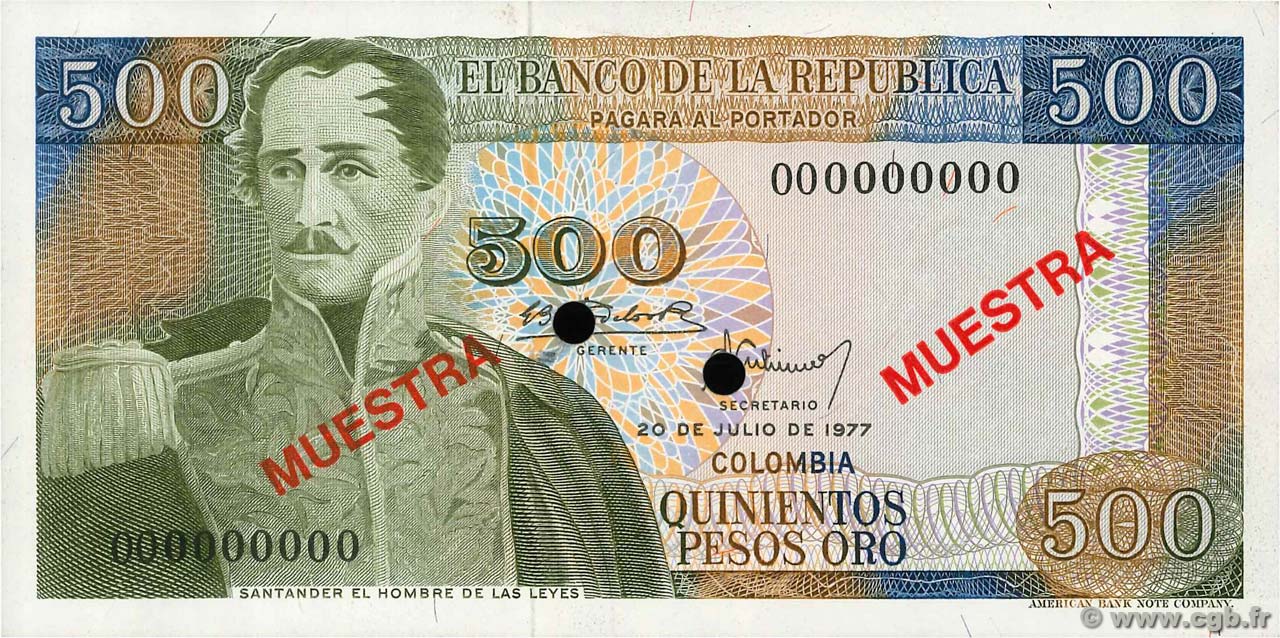 500 Pesos Oro Spécimen COLOMBIA  1977 P.420s FDC