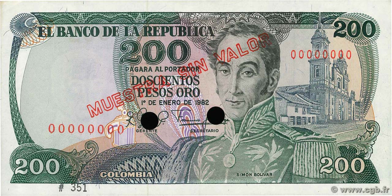 200 Pesos Oro Spécimen COLOMBIA  1982 P.427s SC+