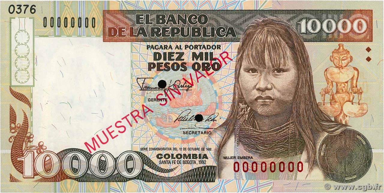 10000 Pesos Oro Spécimen COLOMBIA  1992 P.437s q.FDC