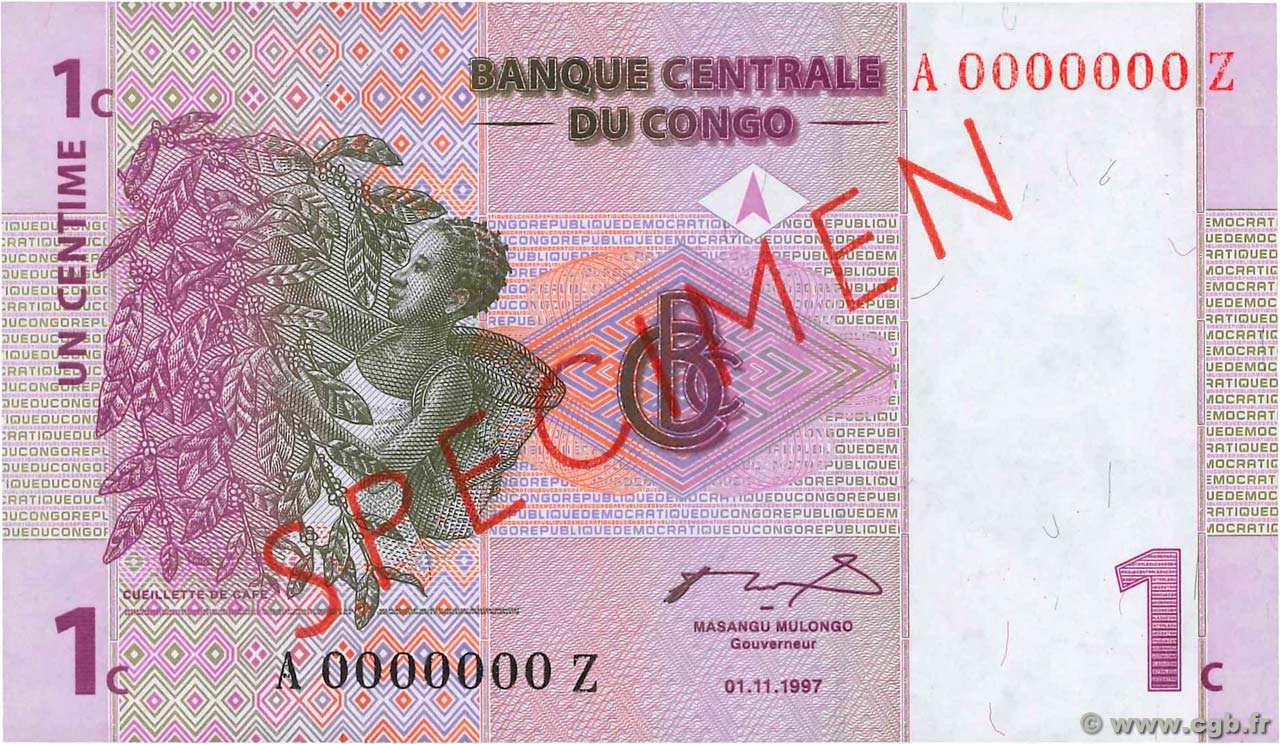 1 Centime Spécimen REPUBBLICA DEMOCRATICA DEL CONGO  1997 P.080s FDC