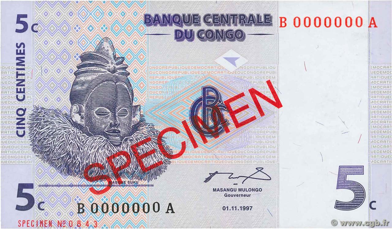 5 Centimes Spécimen REPúBLICA DEMOCRáTICA DEL CONGO  1997 P.081s SC+