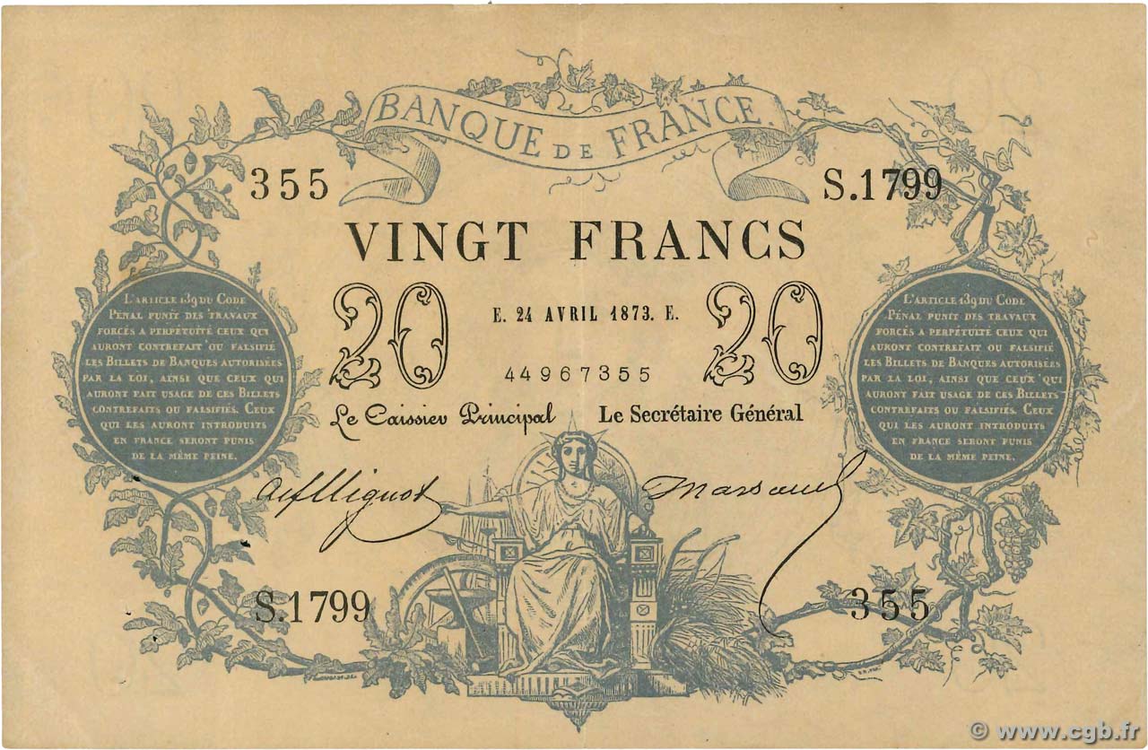20 Francs type 1871 FRANCE  1873 F.A46.04 VF+