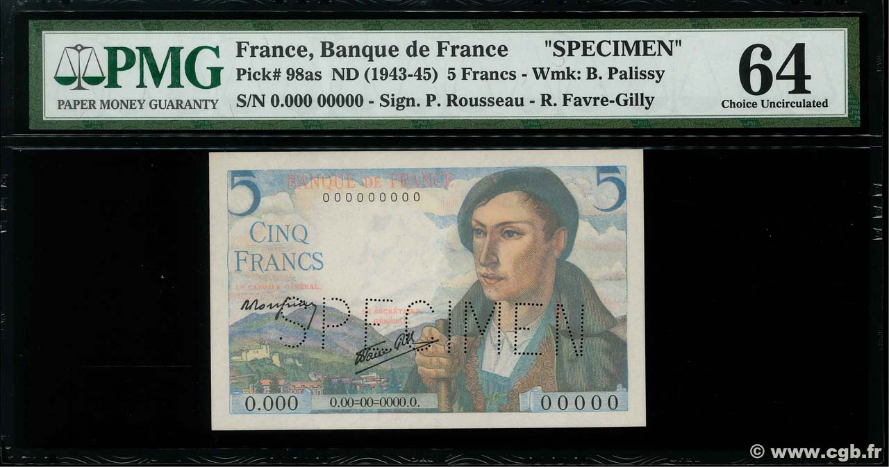 5 Francs BERGER Spécimen FRANCE  1943 F.05.01Sp UNC-