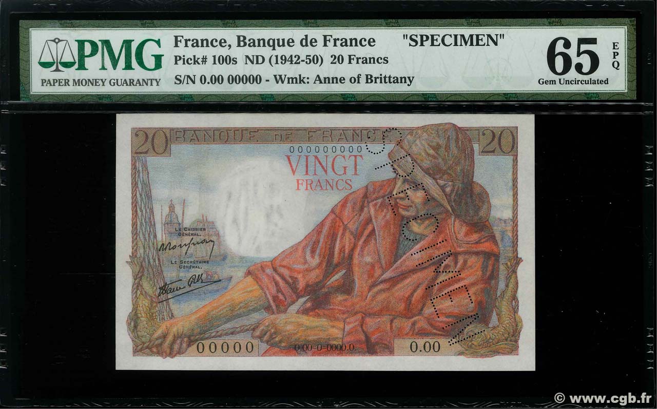 20 Francs PÊCHEUR Spécimen FRANKREICH  1942 F.13.01Sp ST