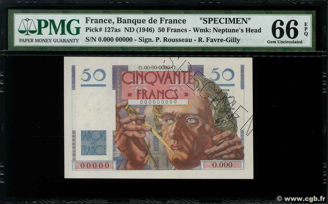 50 Francs LE VERRIER Spécimen FRANCE  1946 F.20.01Sp UNC