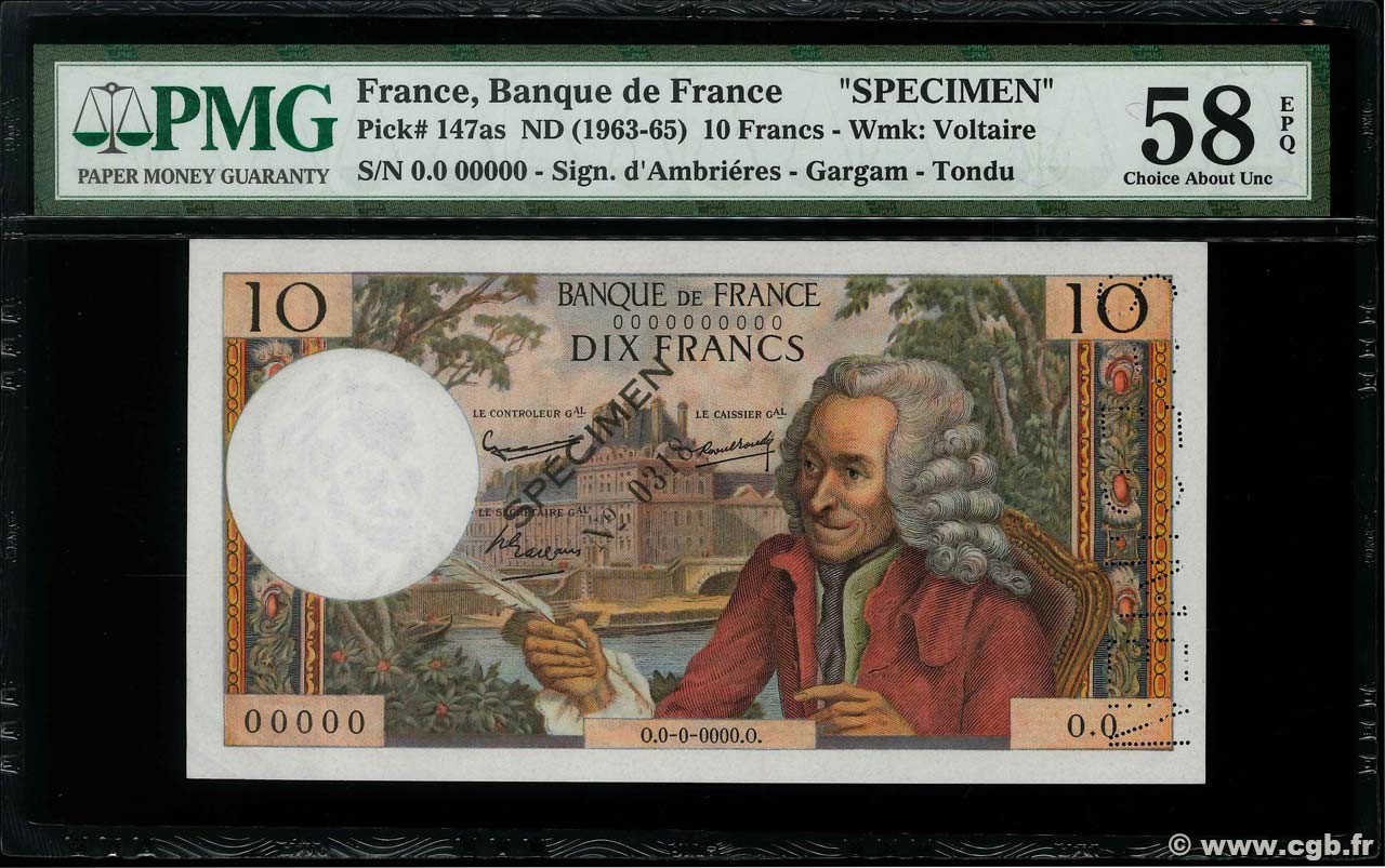 10 Francs VOLTAIRE Spécimen FRANCIA  1963 F.62.01Spn AU+