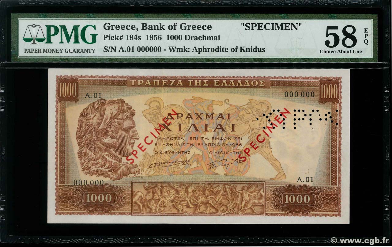 1000 Drachmes Spécimen GREECE  1956 P.194s AU+
