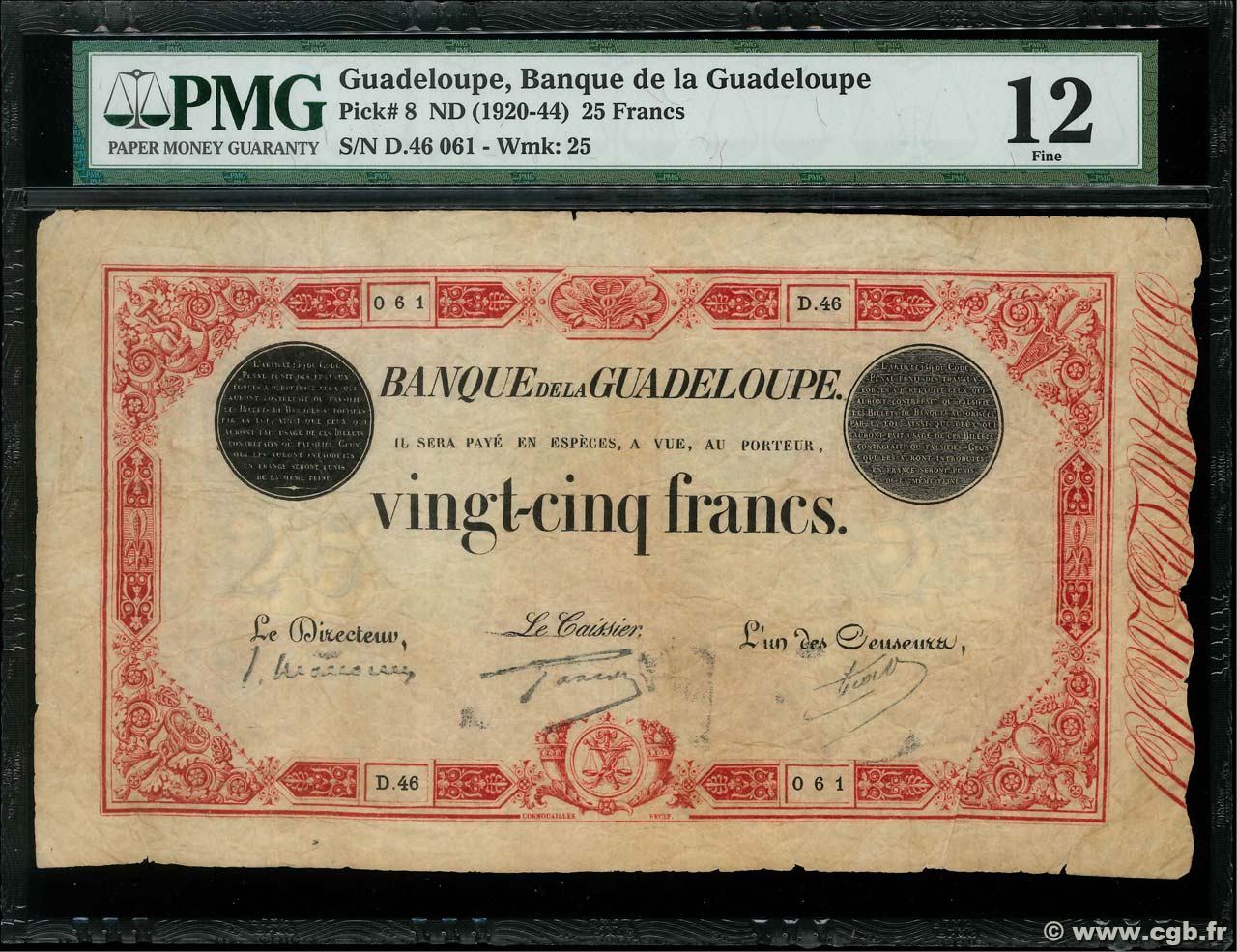 25 Francs rouge GUADELOUPE  1934 P.08 VG