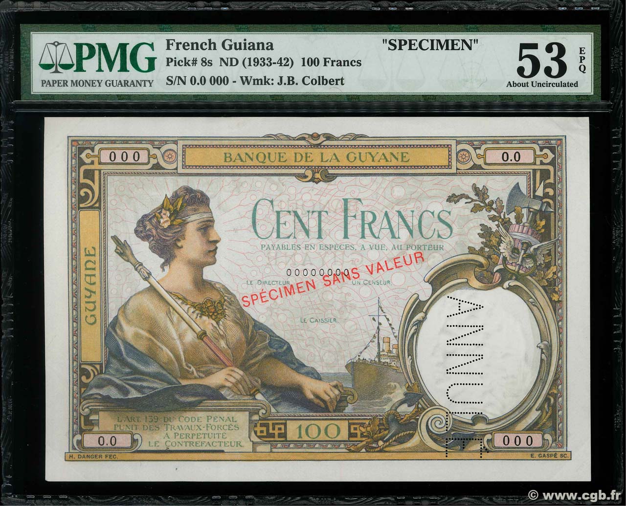 100 Francs Spécimen FRENCH GUIANA  1927 P.08s XF+
