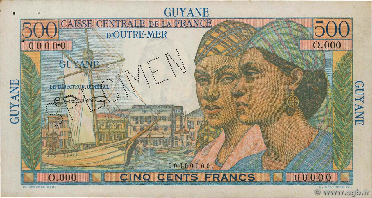 500 Francs Pointe à Pitre Spécimen FRENCH GUIANA  1946 P.24s VF
