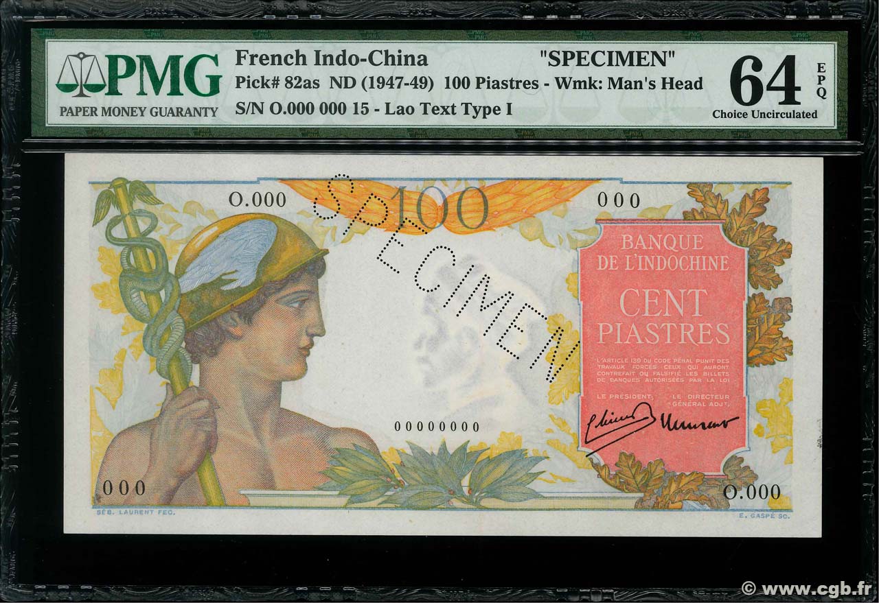 100 Piastres Spécimen FRENCH INDOCHINA  1947 P.082as UNC-