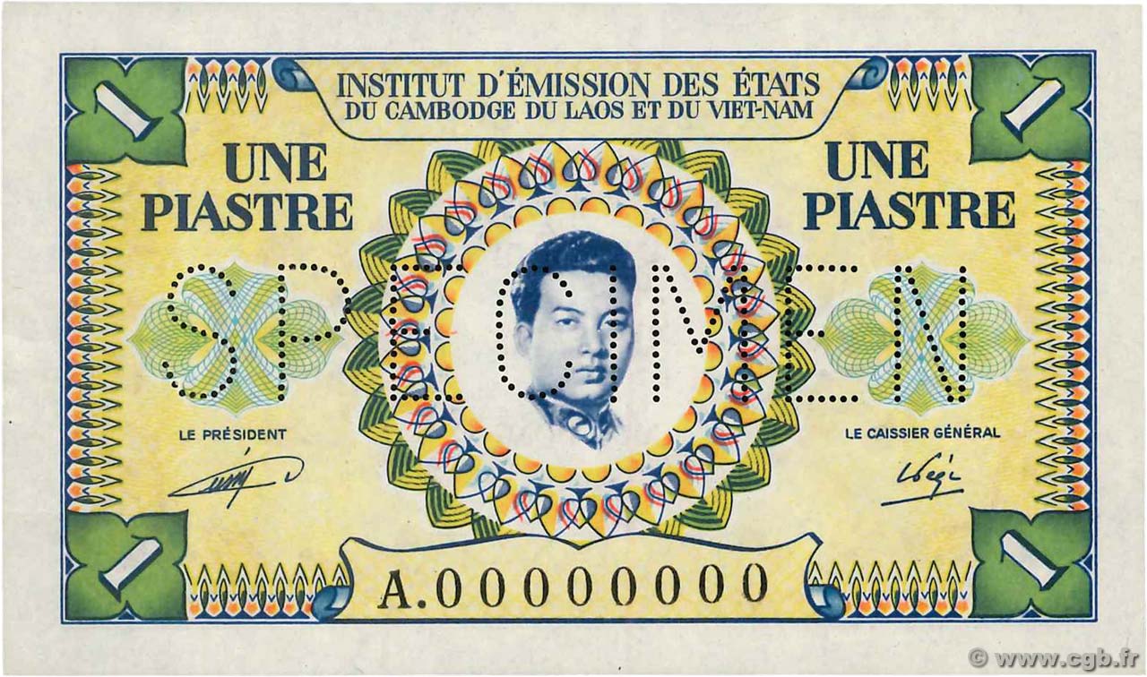 1 Piastre - 1 Riel Spécimen INDOCHINE FRANÇAISE  1953 P.093s pr.NEUF