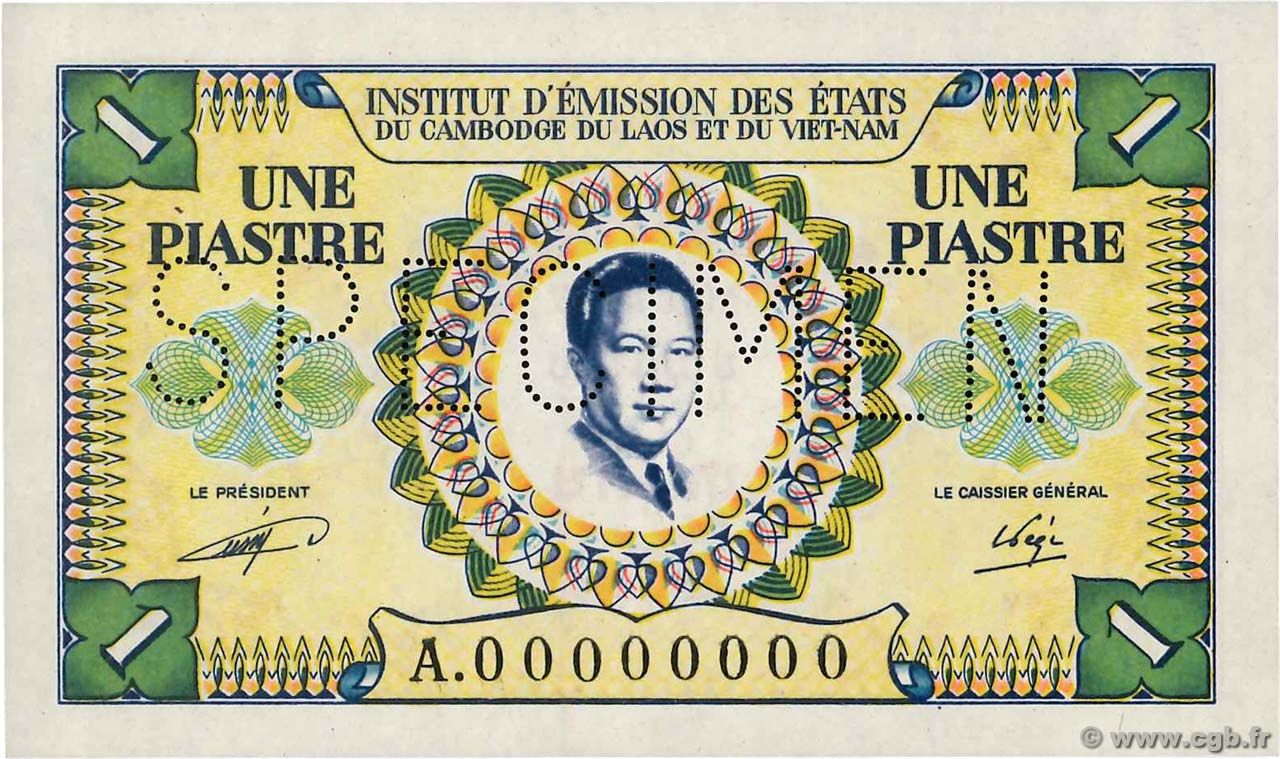 1 Piastre - 1 Dong Spécimen FRENCH INDOCHINA  1953 P.104s UNC-