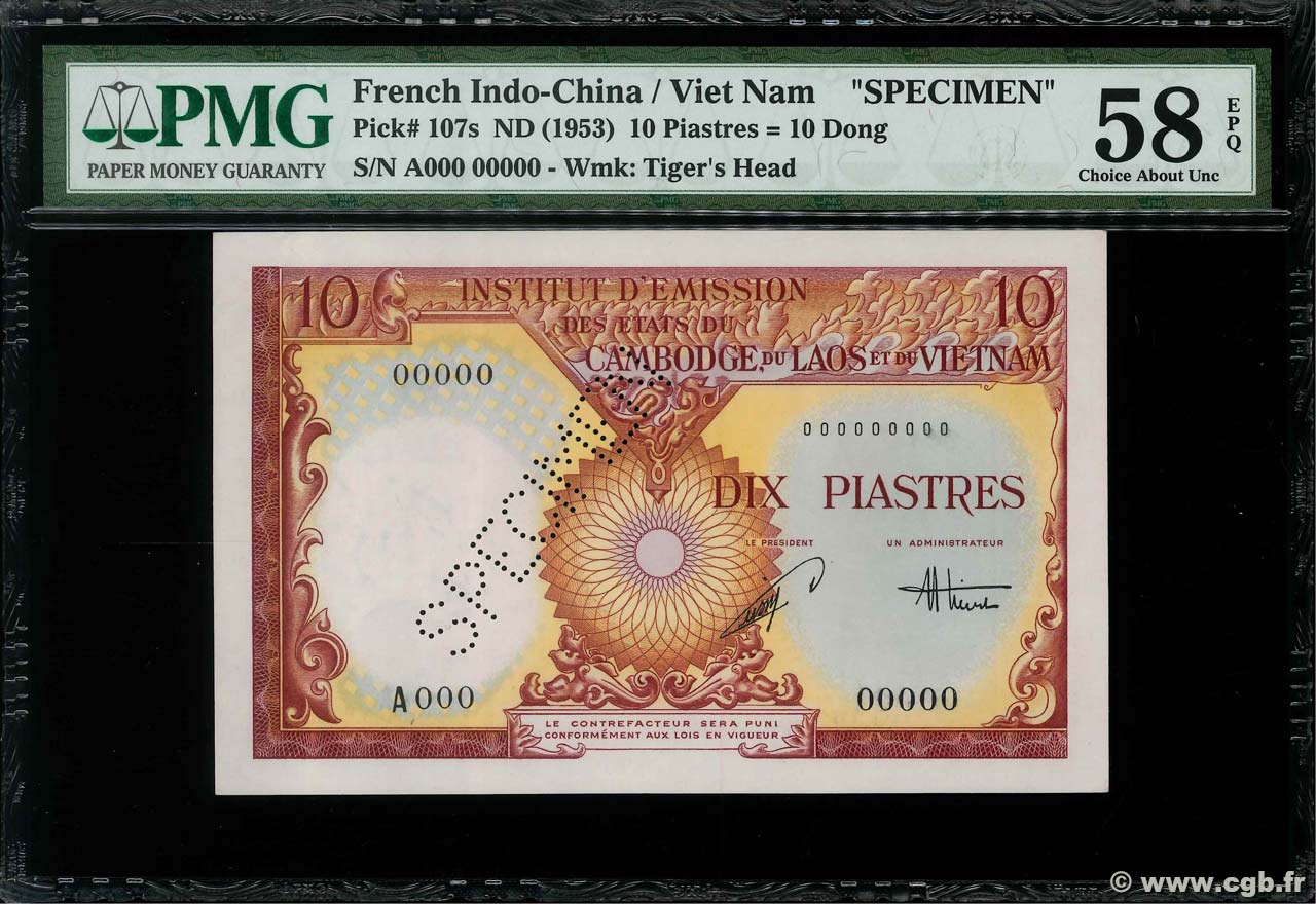 10 Piastres - 10 Dong Spécimen FRENCH INDOCHINA  1953 P.107s AU+