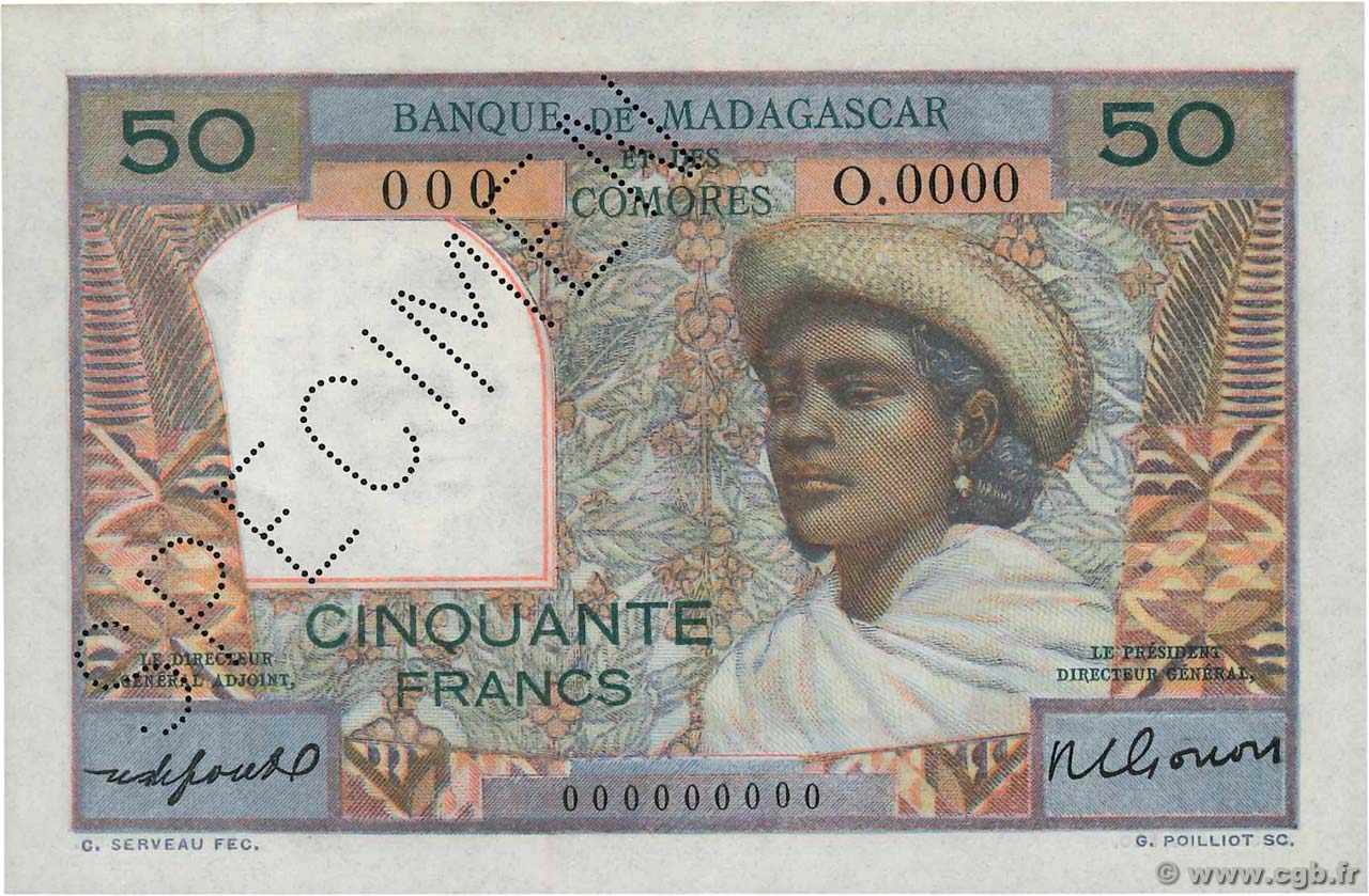 50 Francs Spécimen MADAGASCAR  1950 P.045bs UNC-