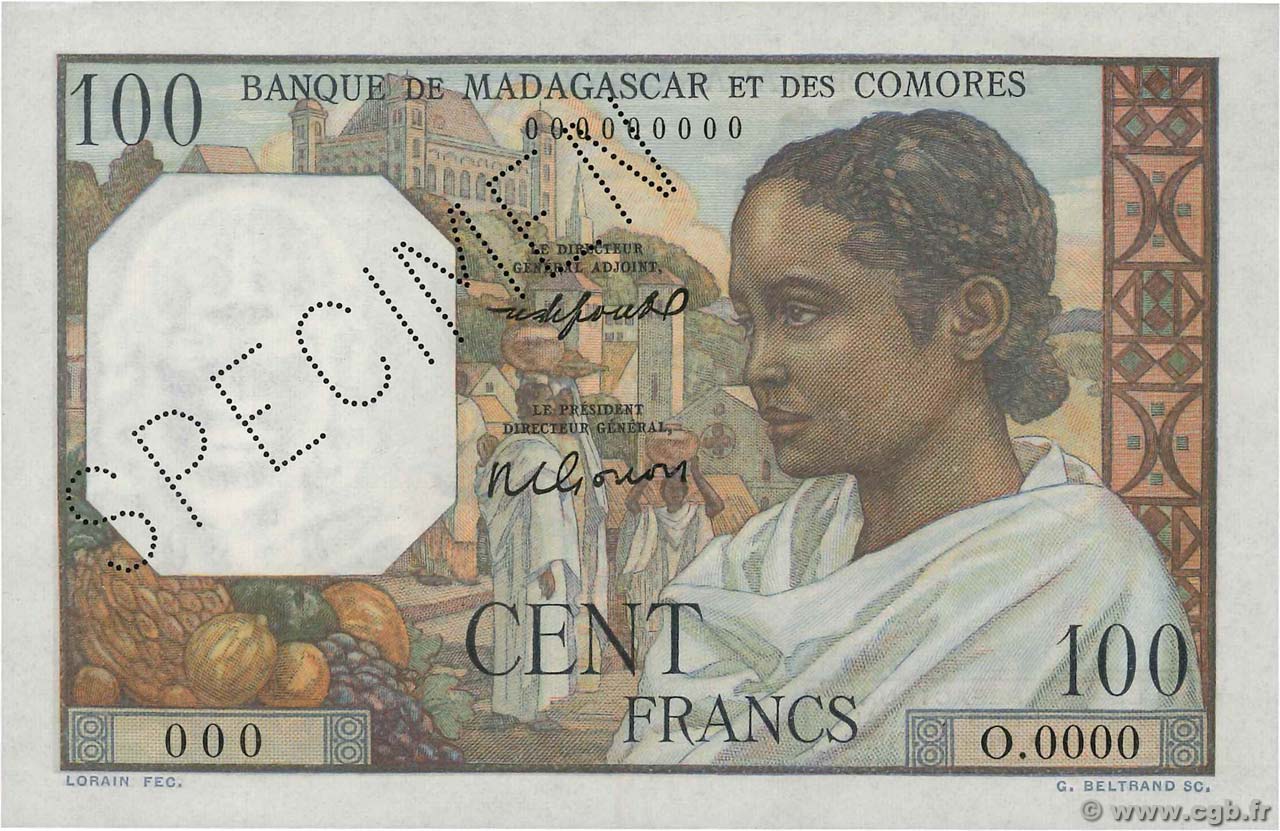 100 Francs Spécimen MADAGASCAR  1950 P.046bs UNC-