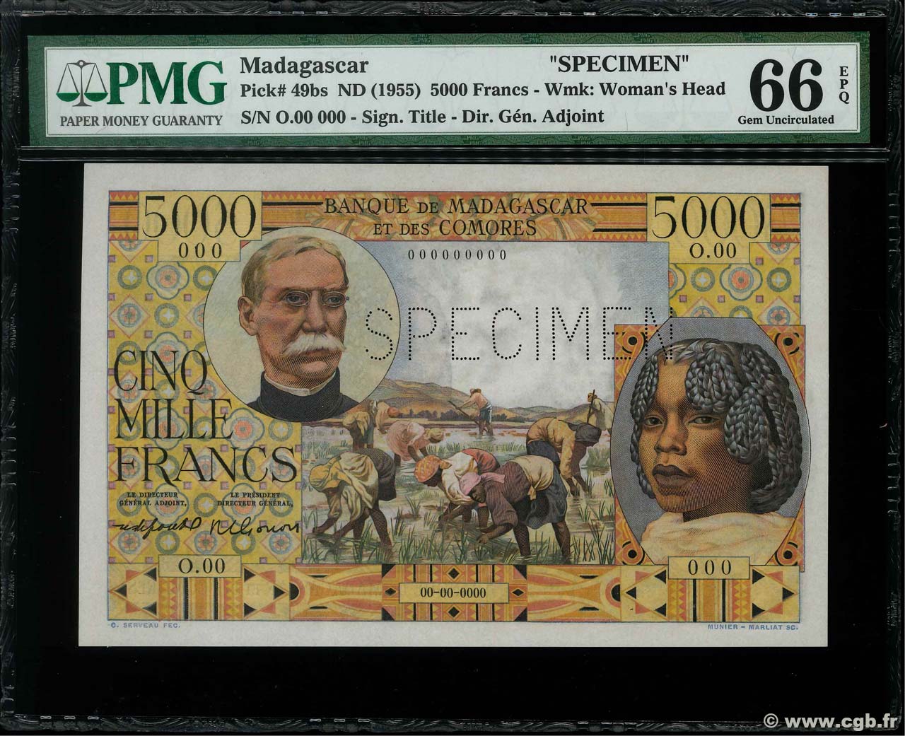 5000 Francs Spécimen MADAGASCAR  1950 P.049bs UNC