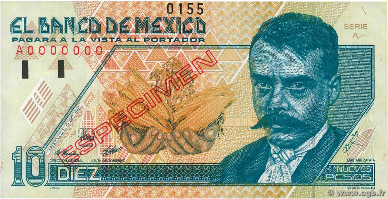 10 Nuevos Pesos Spécimen MEXICO  1992 P.099s ST