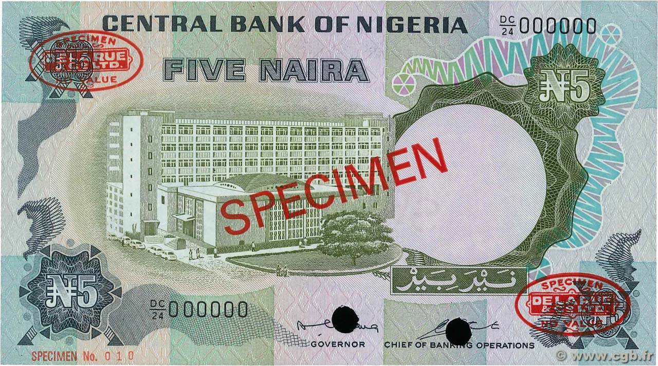 5 Naira Spécimen NIGERIA  1973 P.016bs SC+