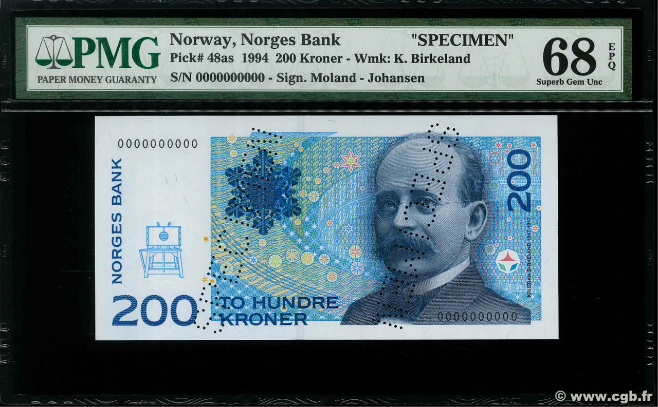 200 Kroner Spécimen NORVÈGE  1994 P.48as UNC