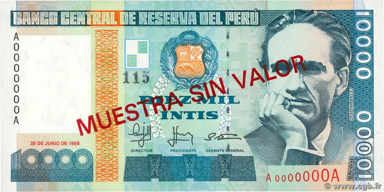 10000 Intis Spécimen PERU  1988 P.141s UNC
