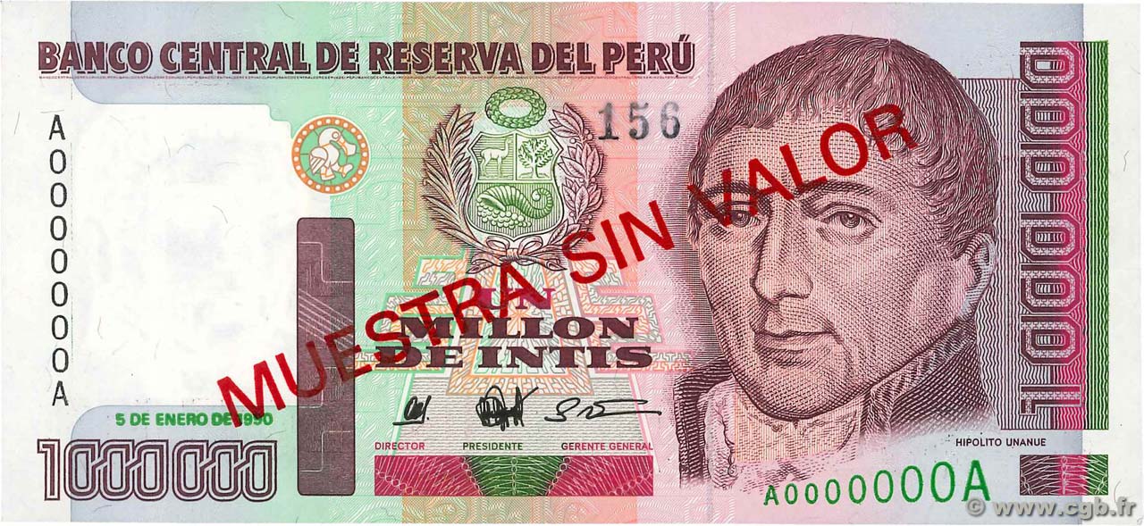 1000000 Intis Spécimen PERU  1990 P.148s UNC