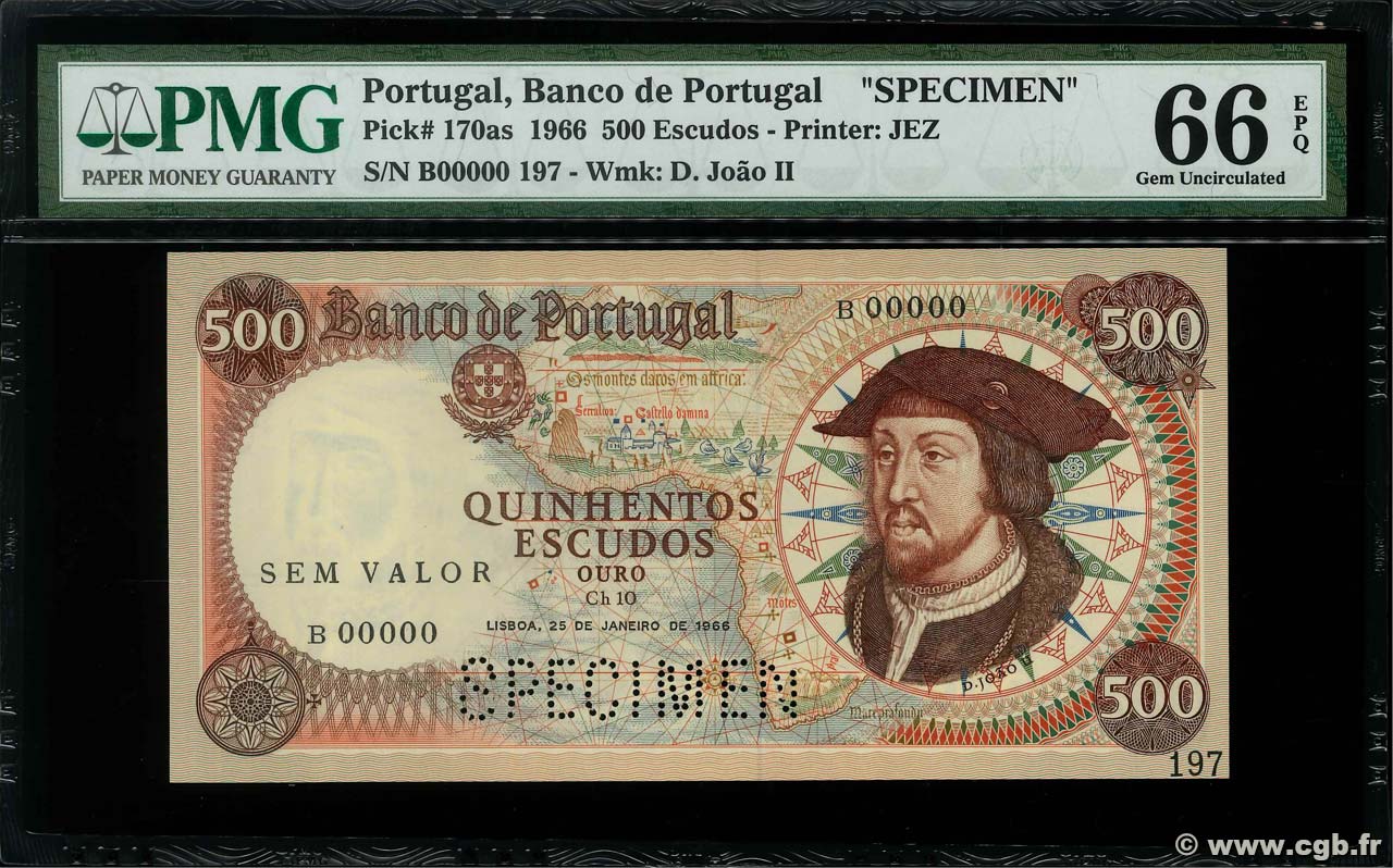 500 Escudos Spécimen PORTUGAL  1966 P.170as UNC