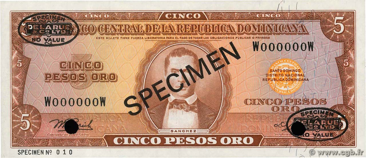 5 Pesos Oro Spécimen RÉPUBLIQUE DOMINICAINE  1976 P.109s1 UNC-