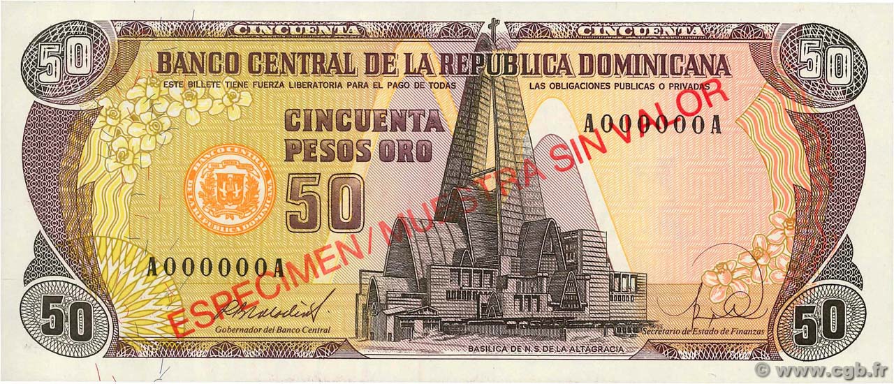 50 Pesos Oro Spécimen RÉPUBLIQUE DOMINICAINE  1988 P.127s ST