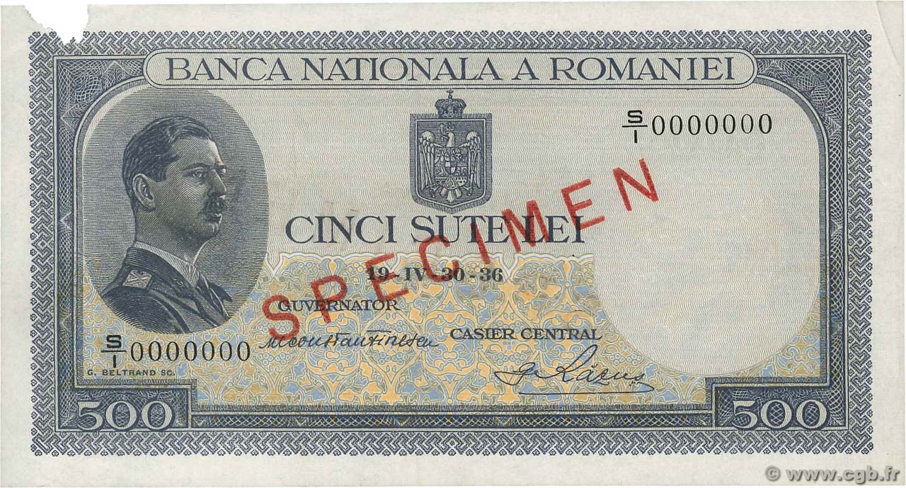 500 Lei Spécimen ROMANIA  1936 P.042s XF