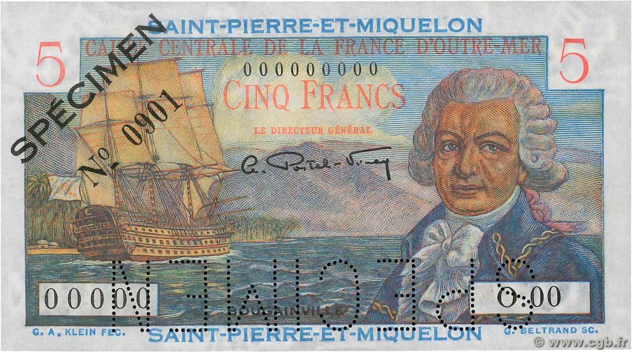 5 Francs Bougainville Spécimen SAINT PIERRE AND MIQUELON  1950 P.22s UNC-