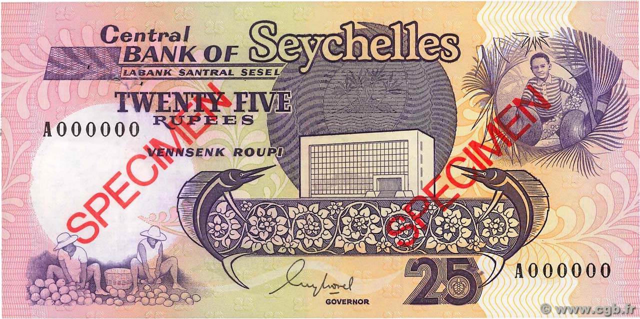 25 Rupees Spécimen SEYCHELLES  1989 P.33s AU