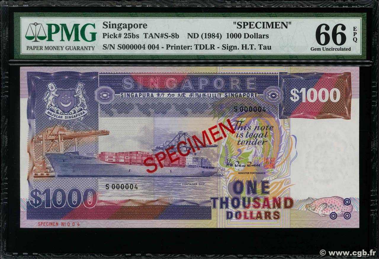 1000 Dollars Spécimen SINGAPORE  1984 P.25bs UNC