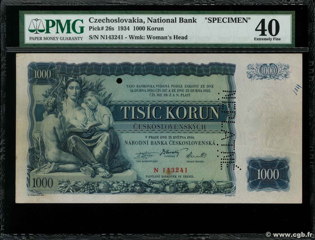 1000 Korun Spécimen CZECHOSLOVAKIA  1934 P.026s VF+