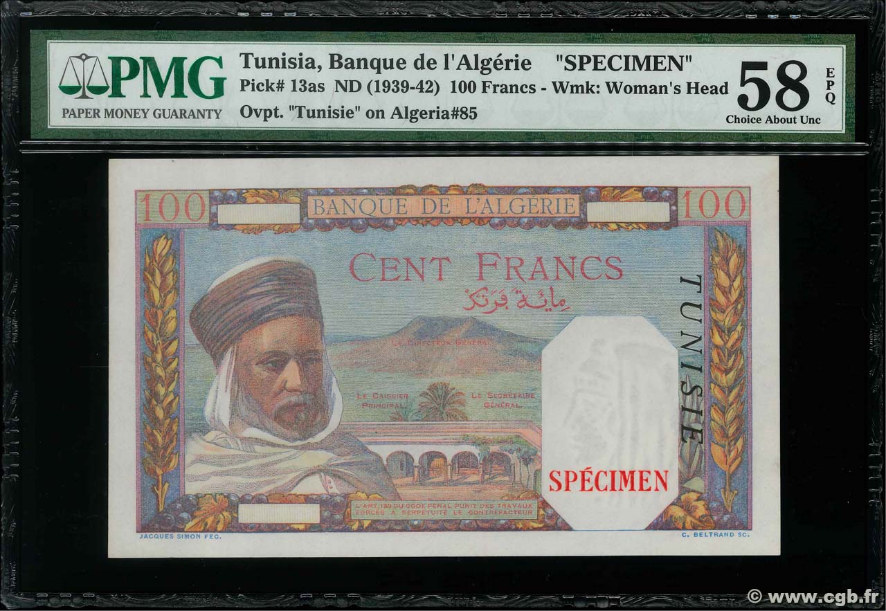100 Francs Épreuve TúNEZ  1939 P.13as SC+
