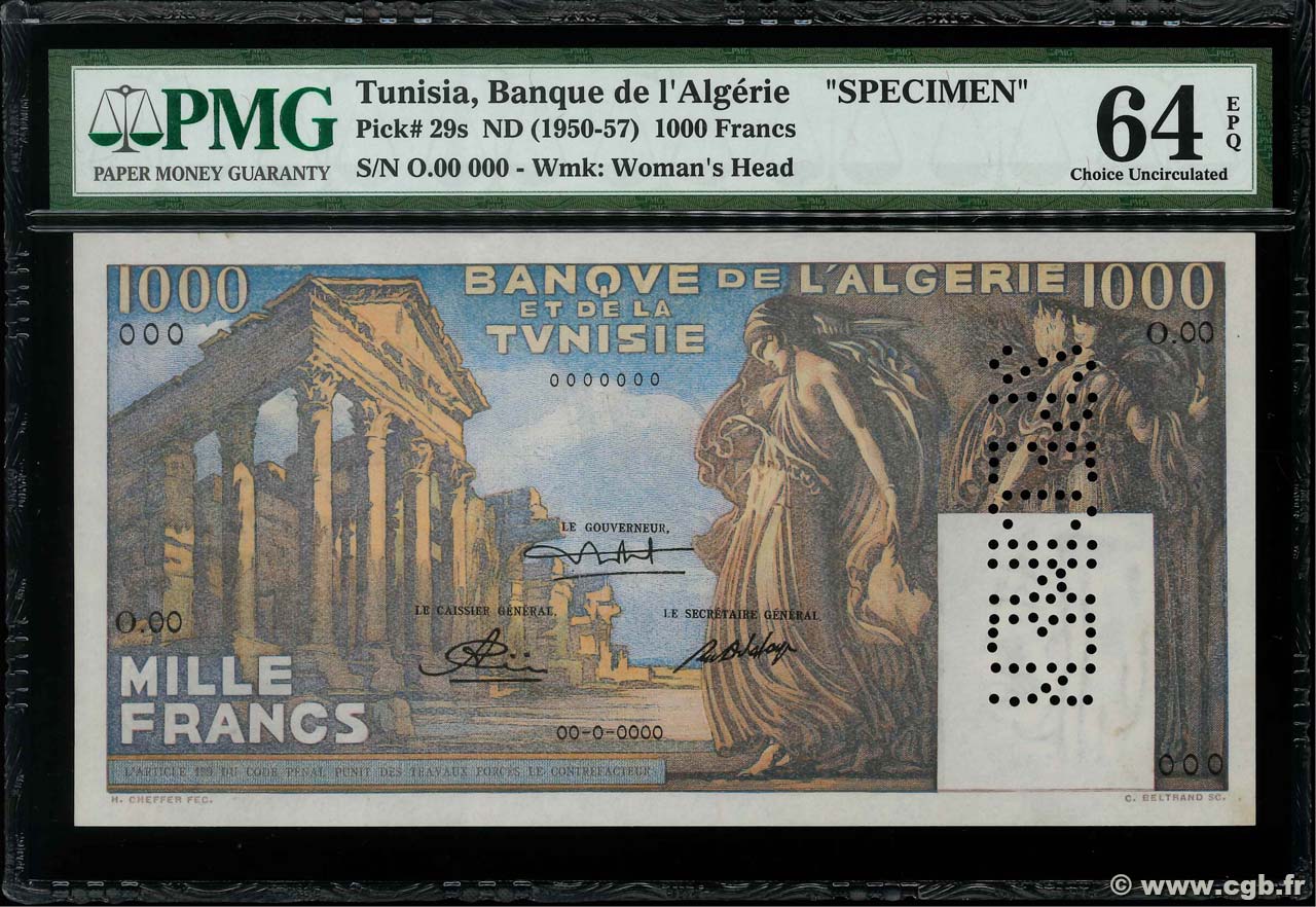 1000 Francs Spécimen TúNEZ  1950 P.29s SC+