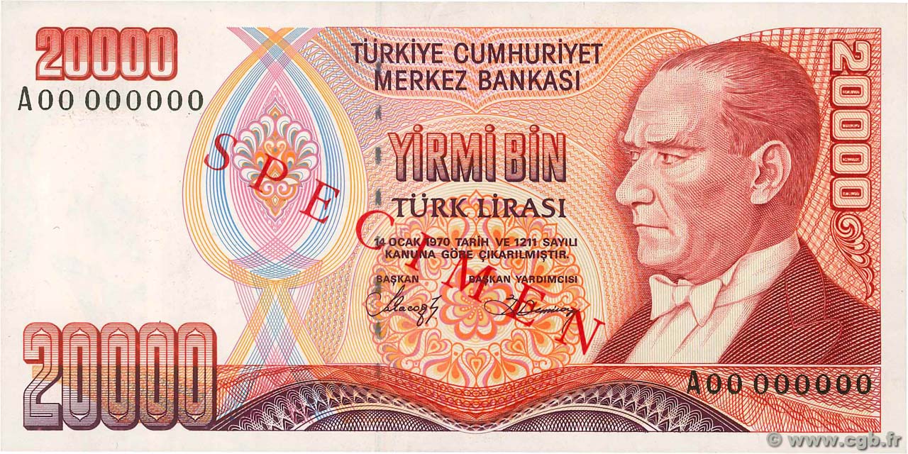 20000 Lira Spécimen TURKEY  1988 P.201s AU